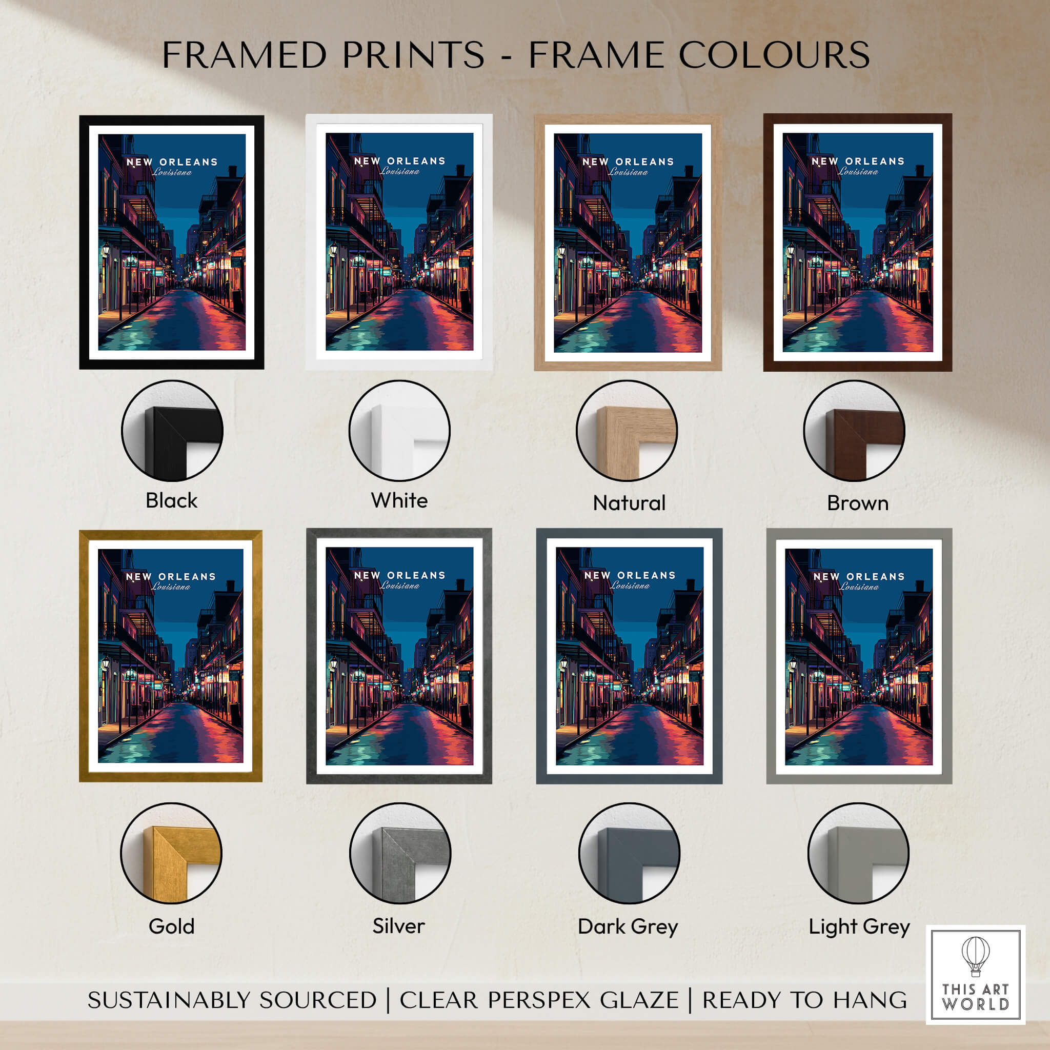 New Orleans Travel Poster | Bourbon Street Night Wall Art Print framed in various color options including black, white, and gold.