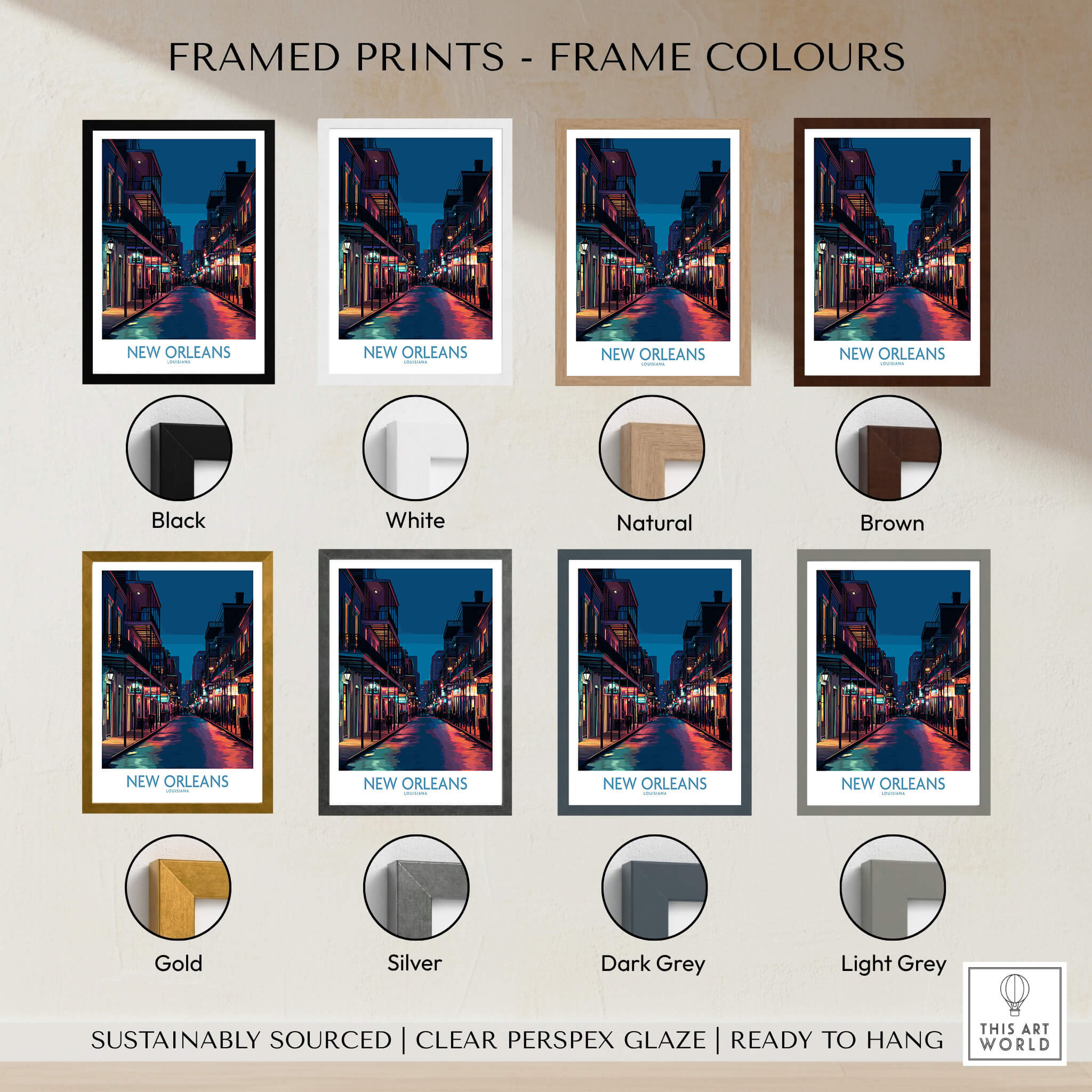 Framed prints in various colors showcasing New Orleans Canvas Print | French Quarter Cityscape Poster options.