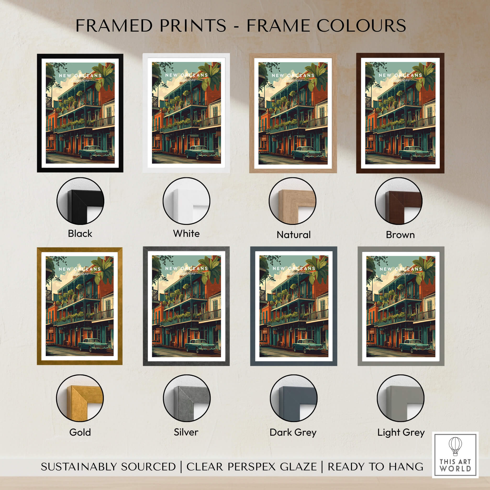 New Orleans Wall Art Print | French Quarter Balcony Travel Poster framed in various colors including black, white, and gold.