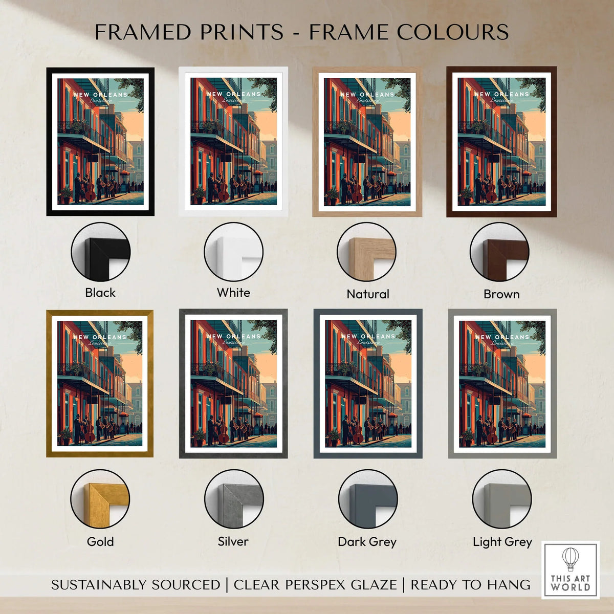 New Orleans Poster | Jazz Band Street Scene Wall Art Print framed in various color options including black, white, natural, and brown.