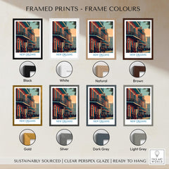 Framed prints showcasing New Orleans Canvas Print | Musical Heritage Cityscape Poster in various frame colors.