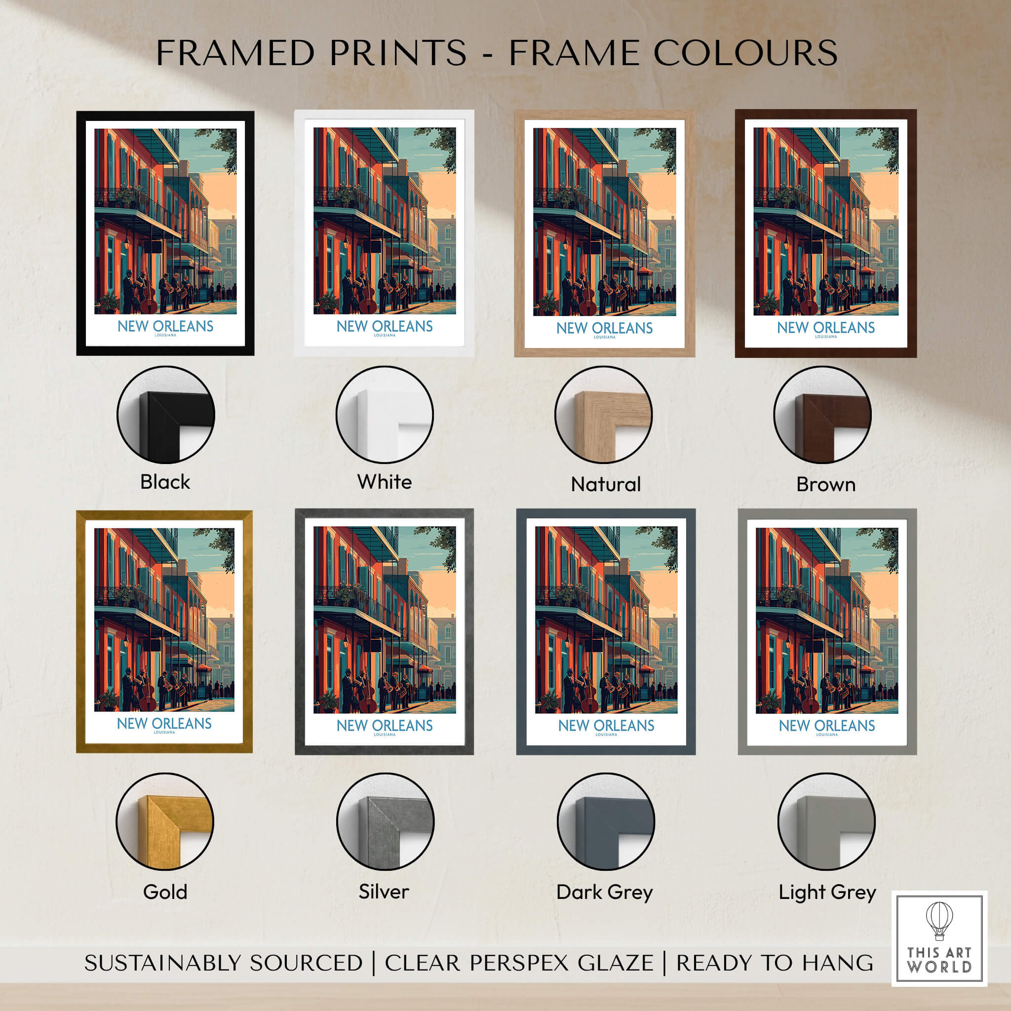 Framed prints showcasing New Orleans Canvas Print | Musical Heritage Cityscape Poster in various frame colors.