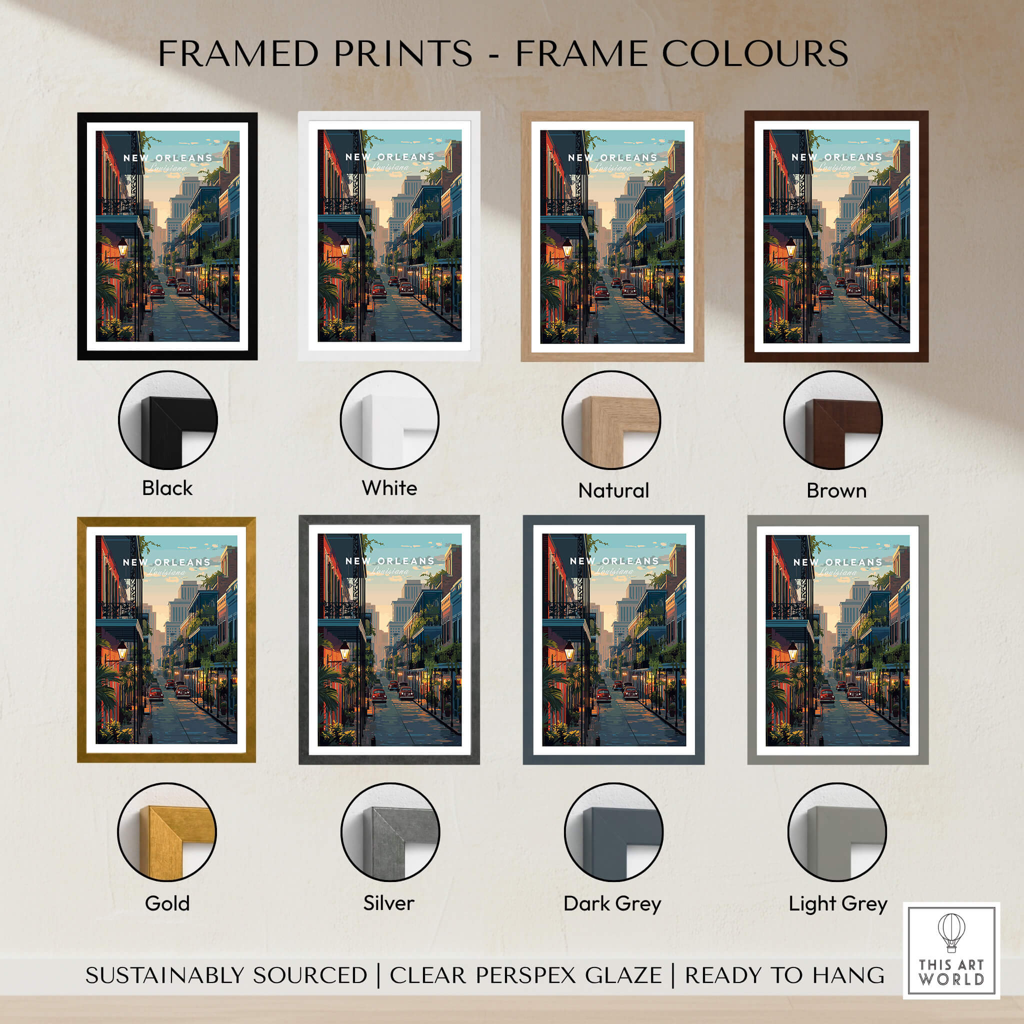 Framed prints in various colors including black, white, natural, and brown for New Orleans Wall Art Print | Historic French Quarter Travel Poster.