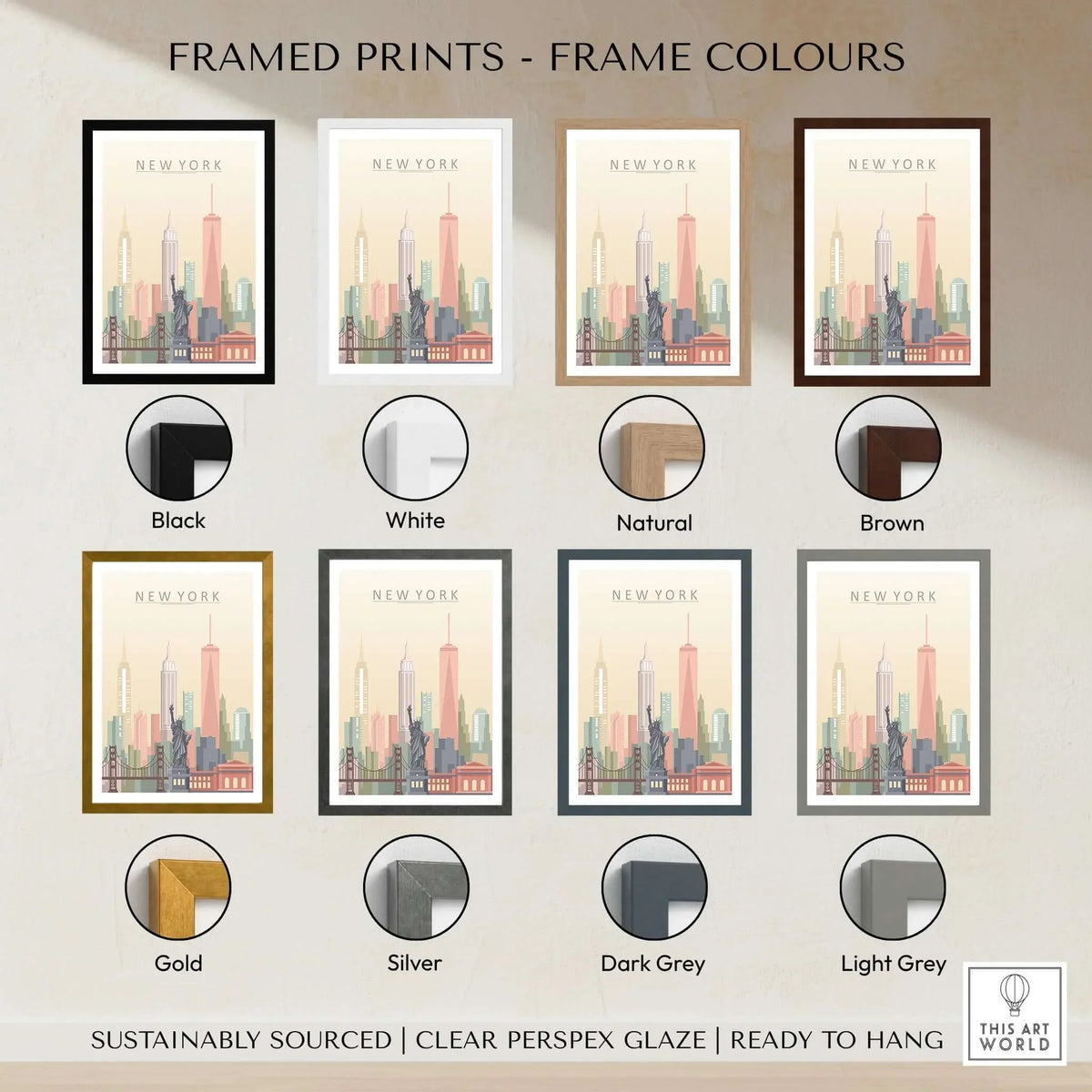 New York City Skyline Print | Wall Art color options including black, white, natural, brown, gold, silver, dark grey, and light grey frames.