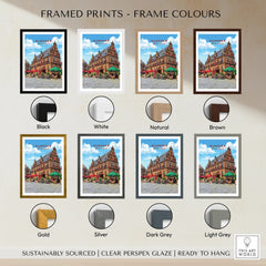 Nijmegen city travel poster wall art in eight frame color options, including black, white, natural, brown, gold, silver, dark grey, and light grey.