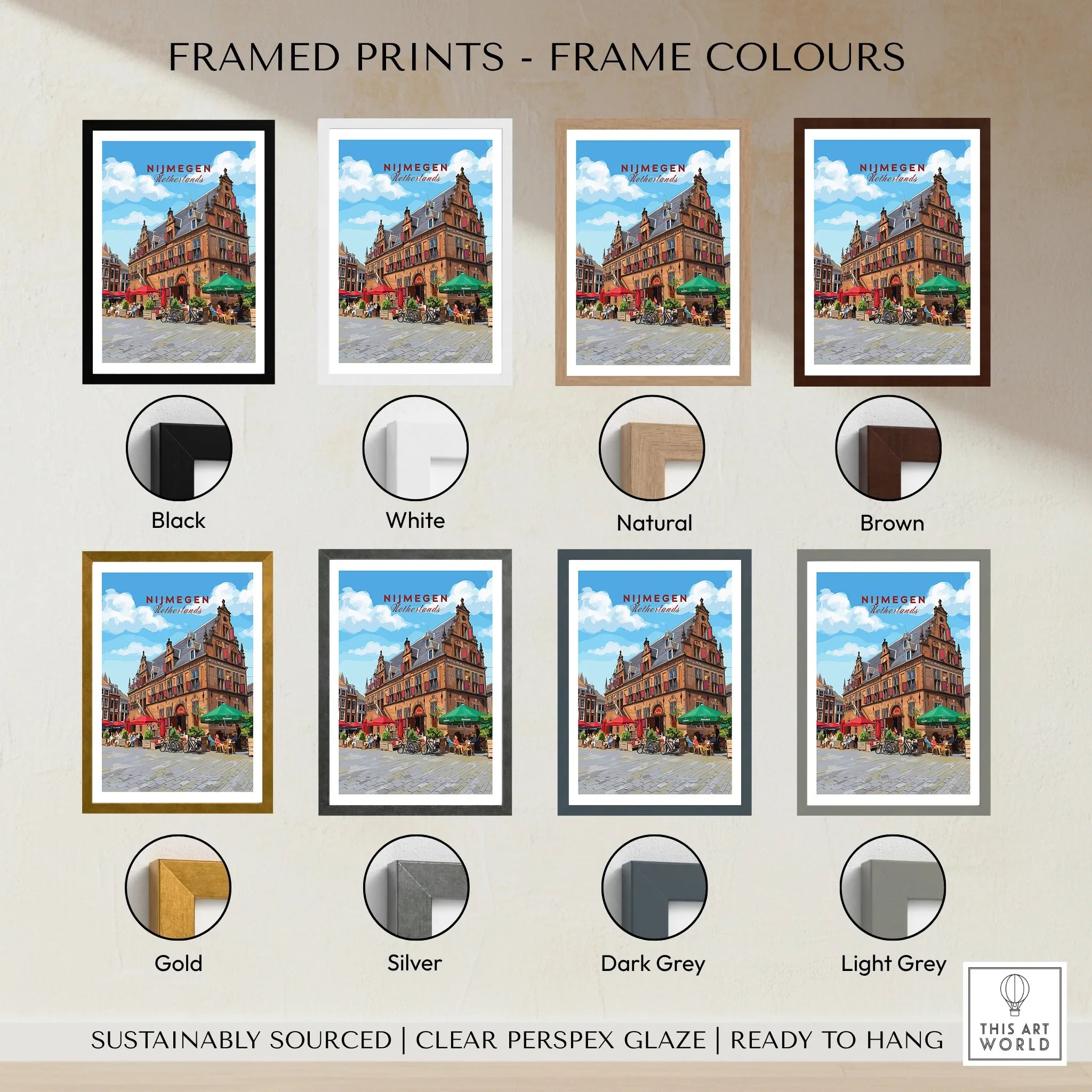 Nijmegen city travel poster wall art in eight frame color options, including black, white, natural, brown, gold, silver, dark grey, and light grey.