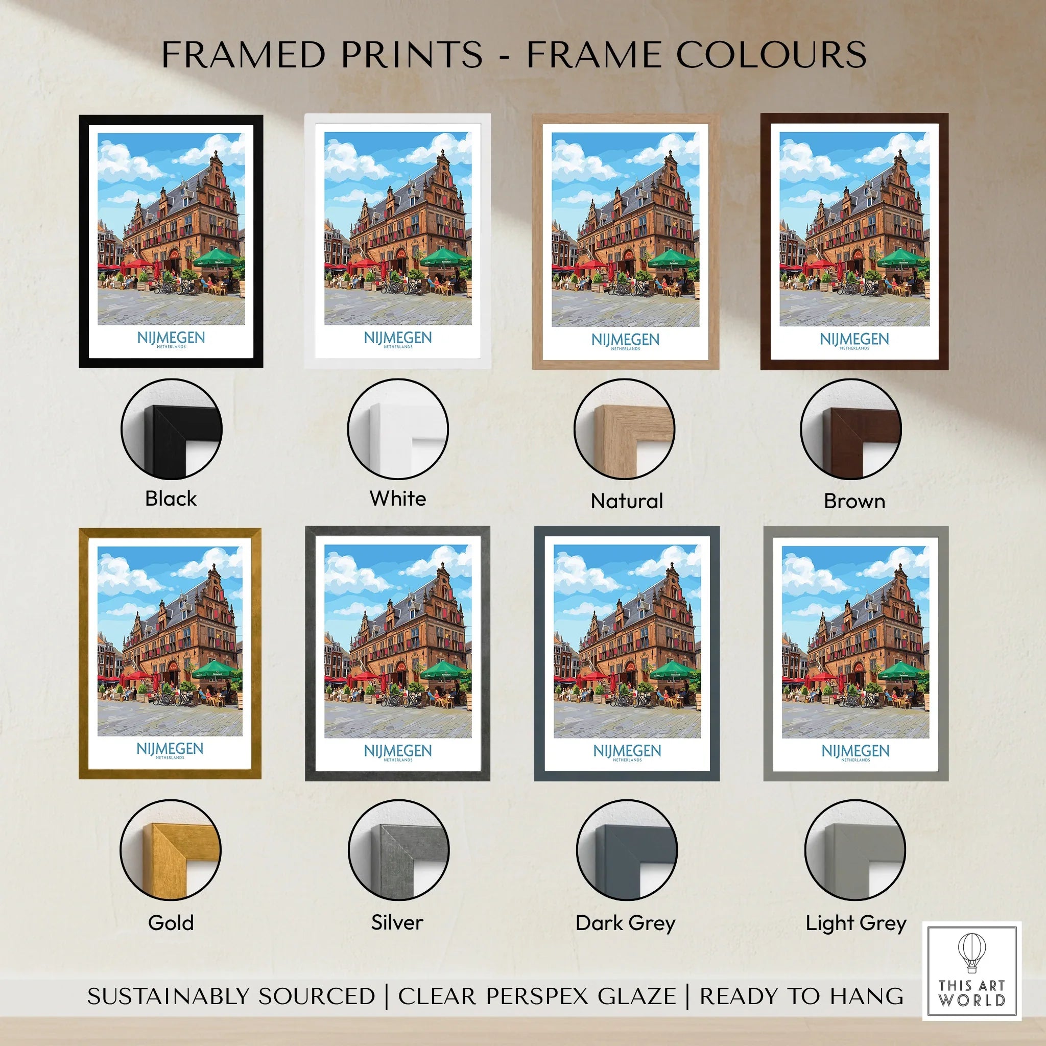 Nijmegen travel poster framed print with eight frame color options, city wall art