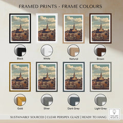 Nijmegen city framed wall art print shown in black, white, brown, gold, grey frame options.
