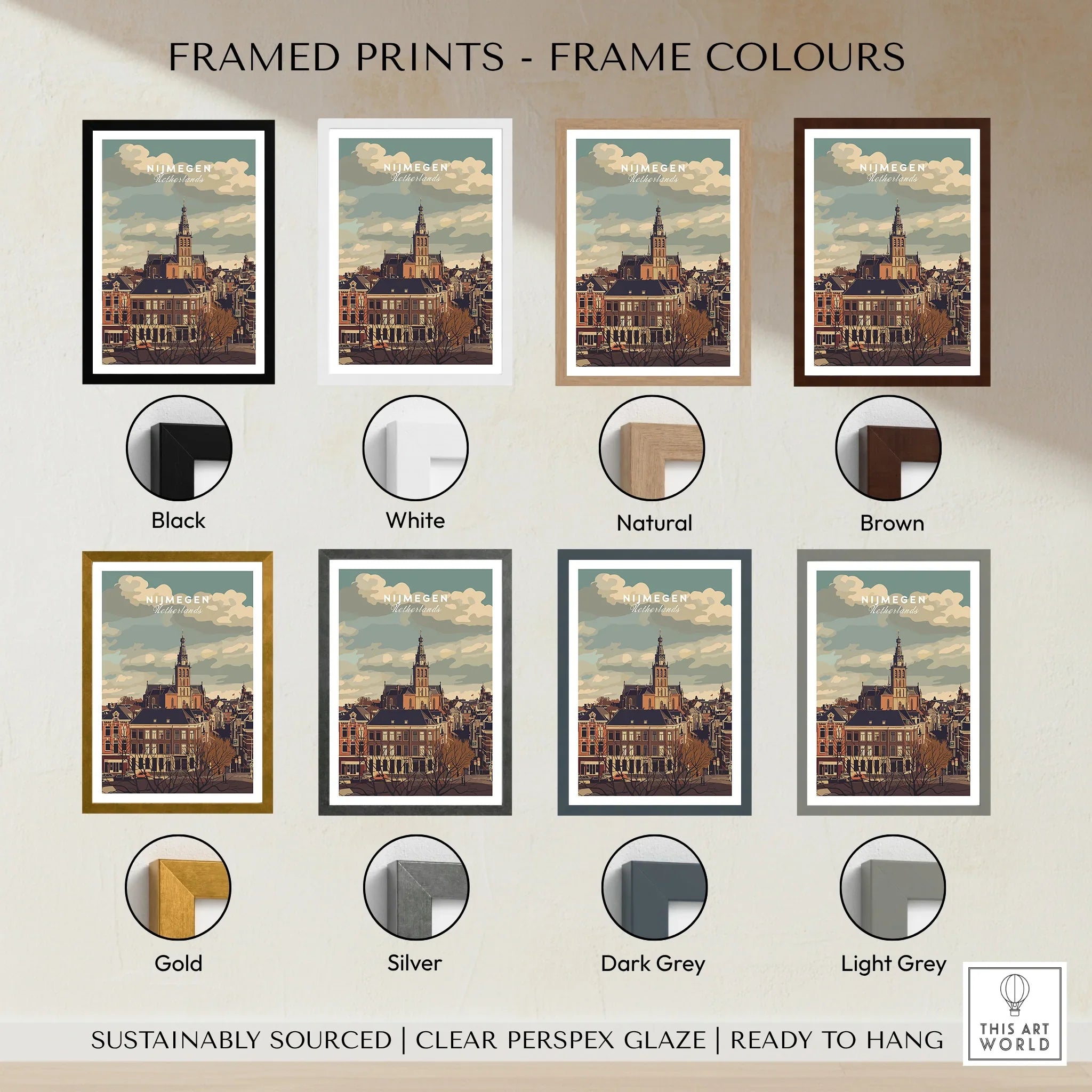 Nijmegen city framed wall art print shown in black, white, brown, gold, grey frame options.