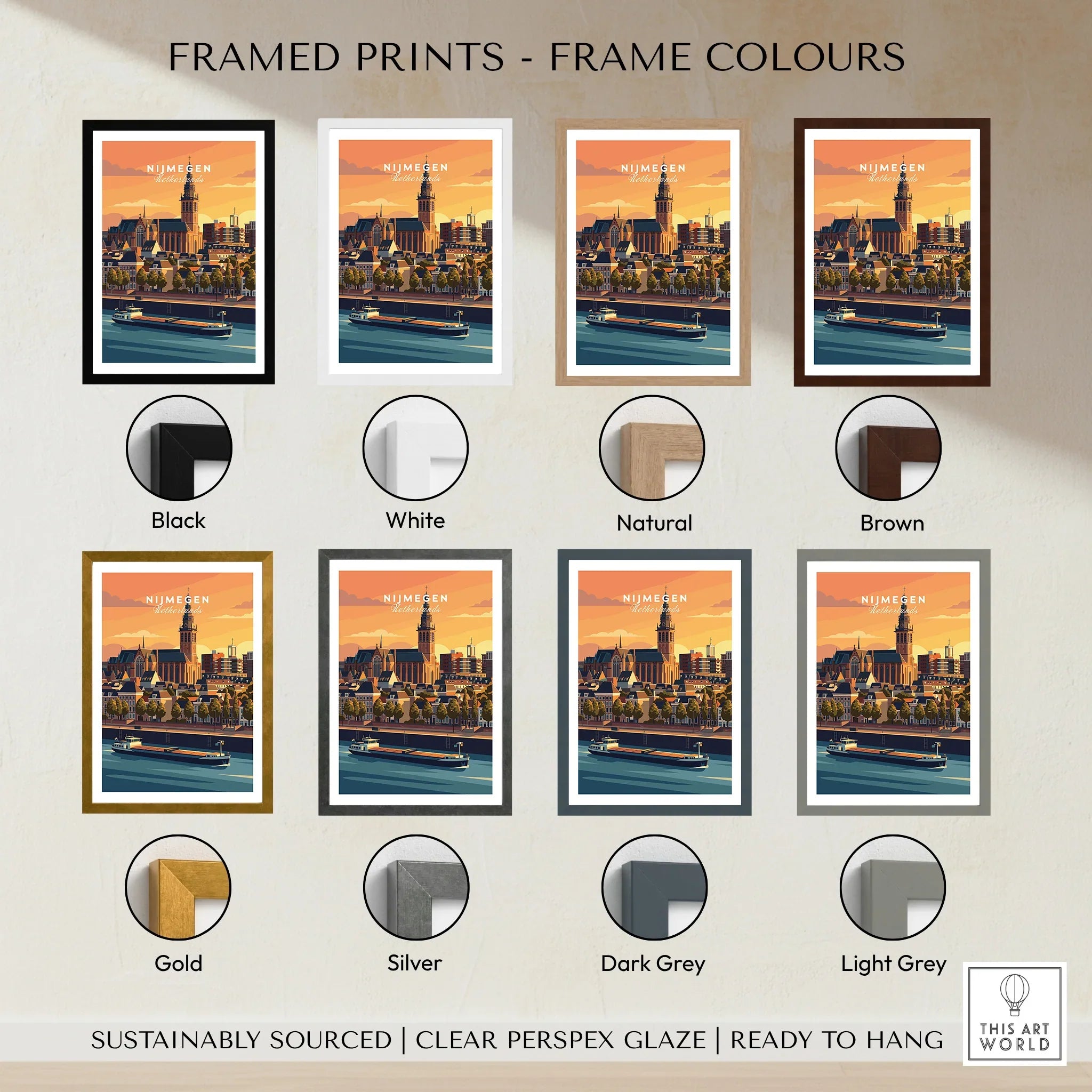 Nijmegen travel poster wall art in eight frame color options: black, white, natural, brown, gold, silver, dark grey, light grey.
