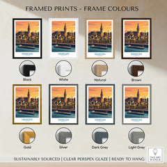 Nijmegen city wall art travel poster in various frame color options including black, white, natural, brown, gold, silver, dark grey, and light grey.