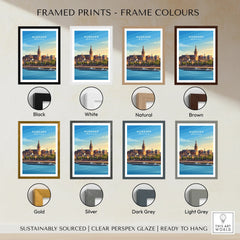 Nijmegen city travel poster wall art in eight different frame colors, including black, white, natural, brown, gold, silver, dark grey, and light grey.