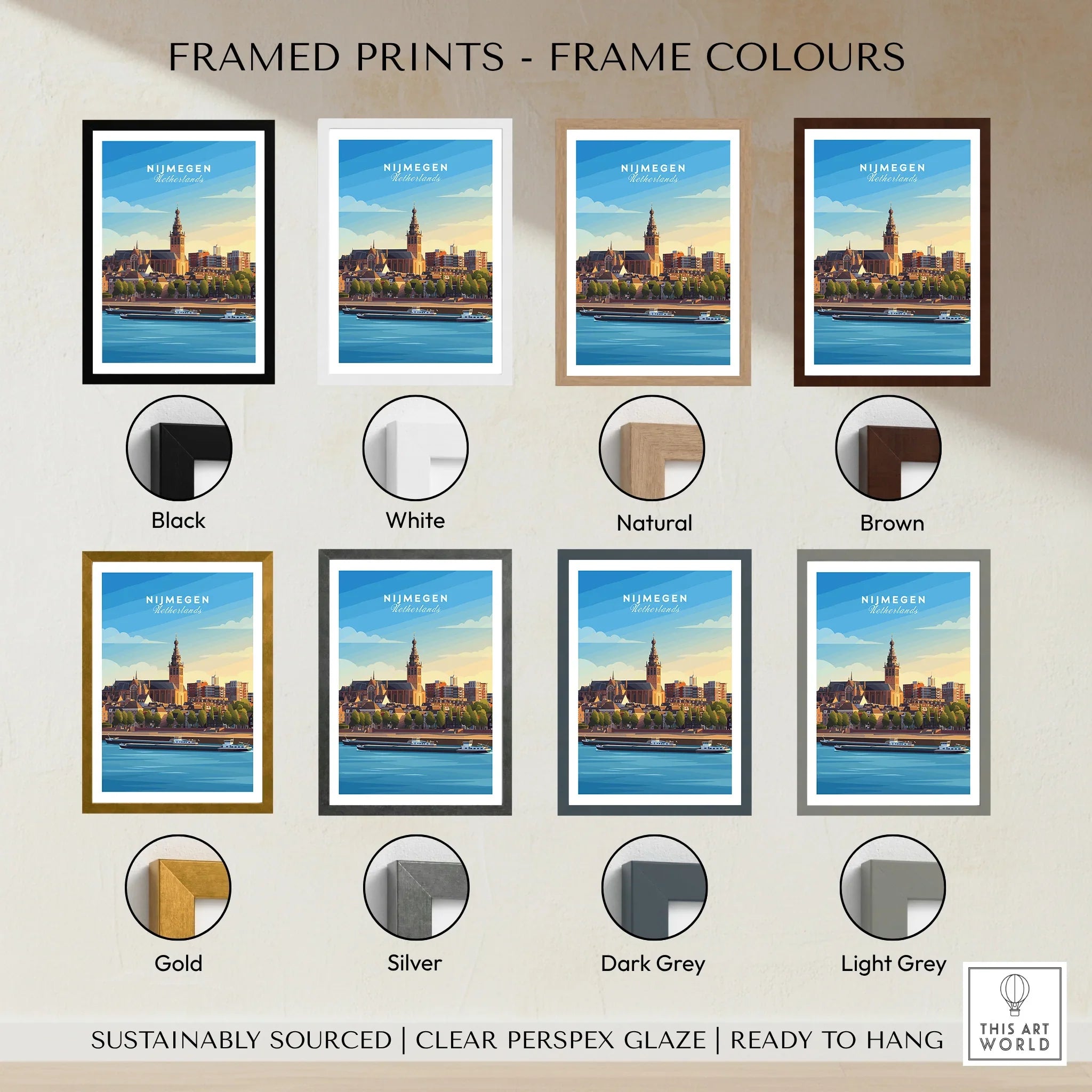 Nijmegen city travel poster wall art in eight different frame colors, including black, white, natural, brown, gold, silver, dark grey, and light grey.