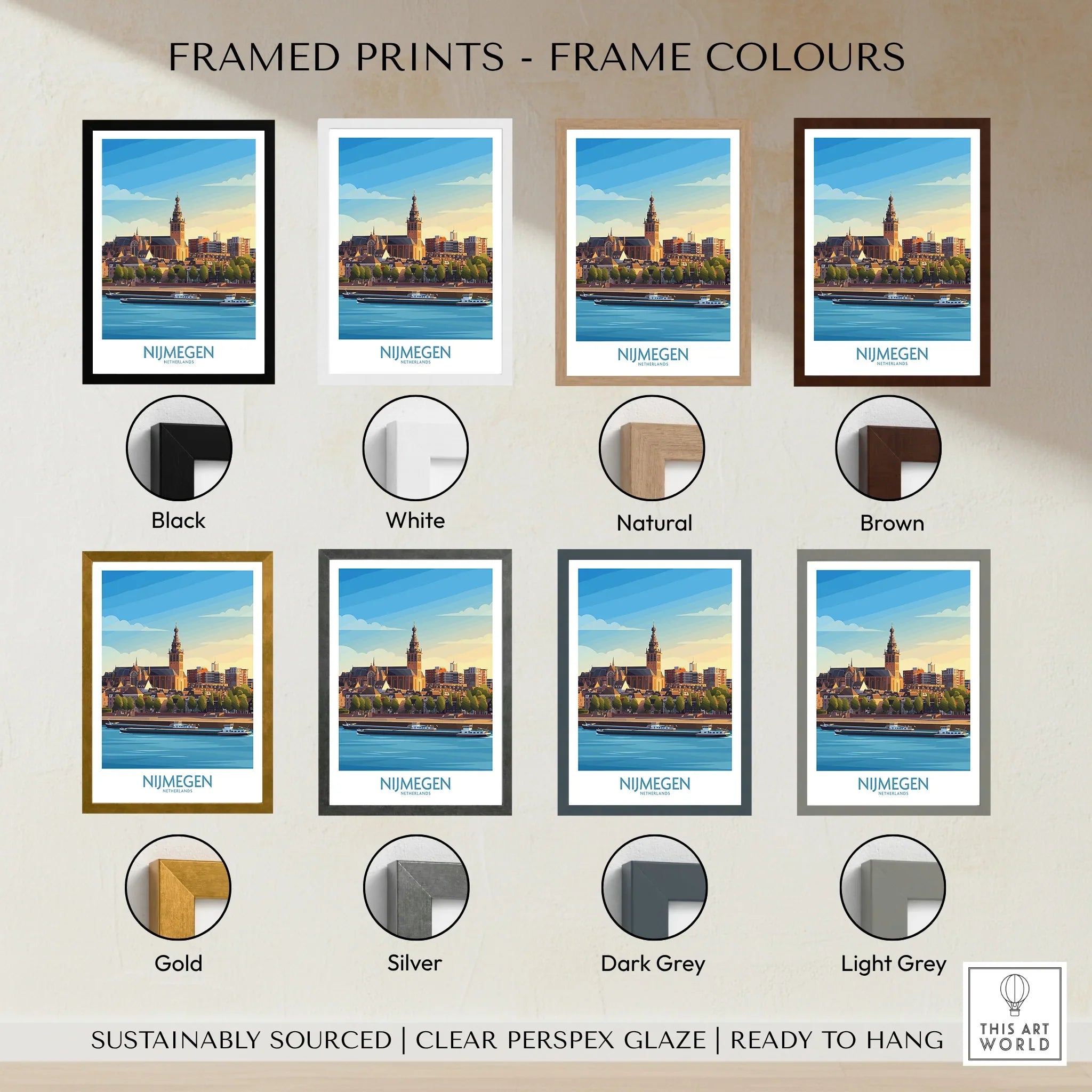 Nijmegen cityscape travel poster with various frame color options, wall art decor
