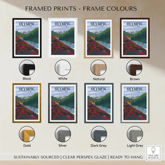 Olympic National Park framed art print with eight frame color options including black, white, natural, brown, gold, silver, dark grey, and light grey.