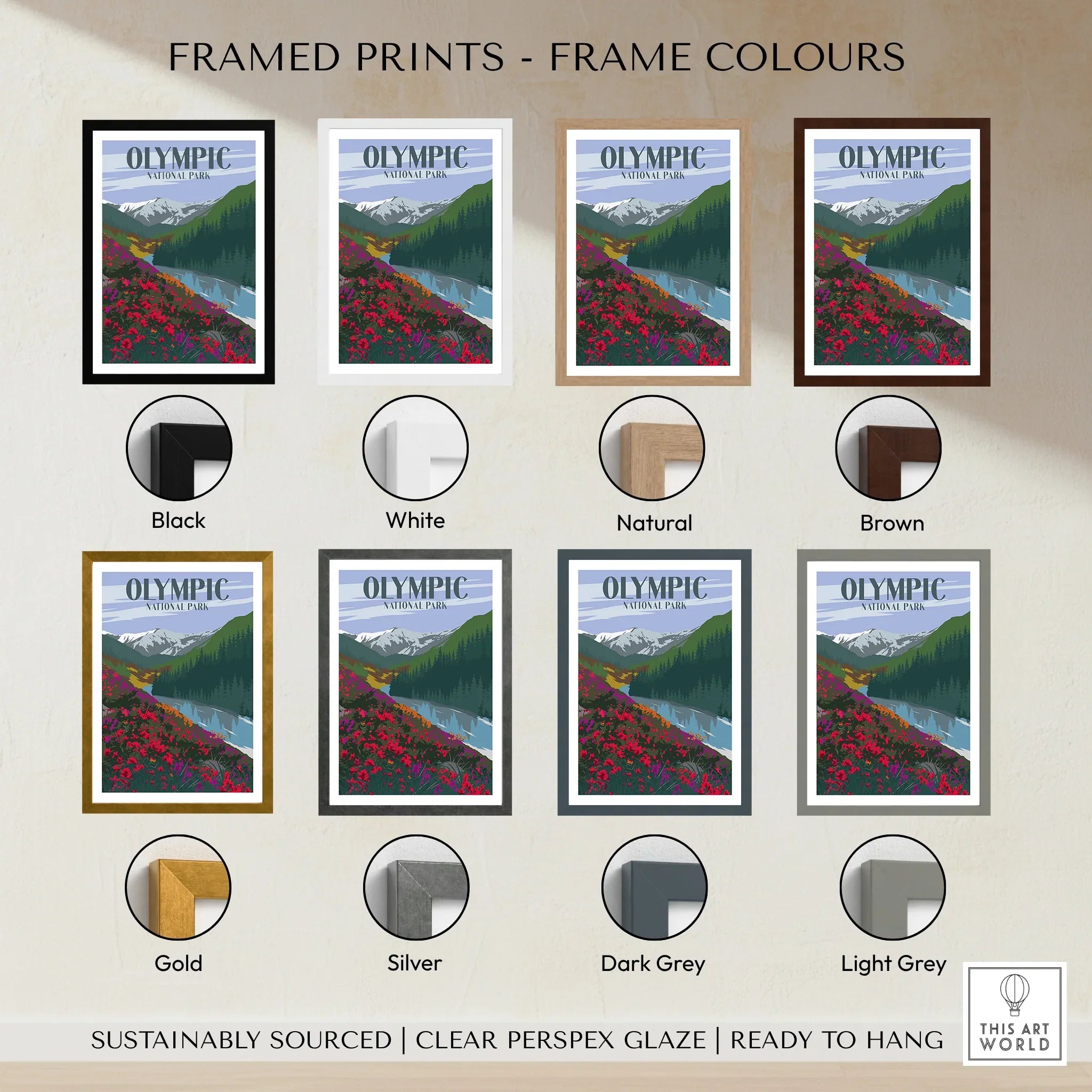 Olympic National Park framed art print with eight frame color options including black, white, natural, brown, gold, silver, dark grey, and light grey.