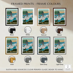 Olympic National Park art print in eight frame color options, coastal landscape, wall decor.