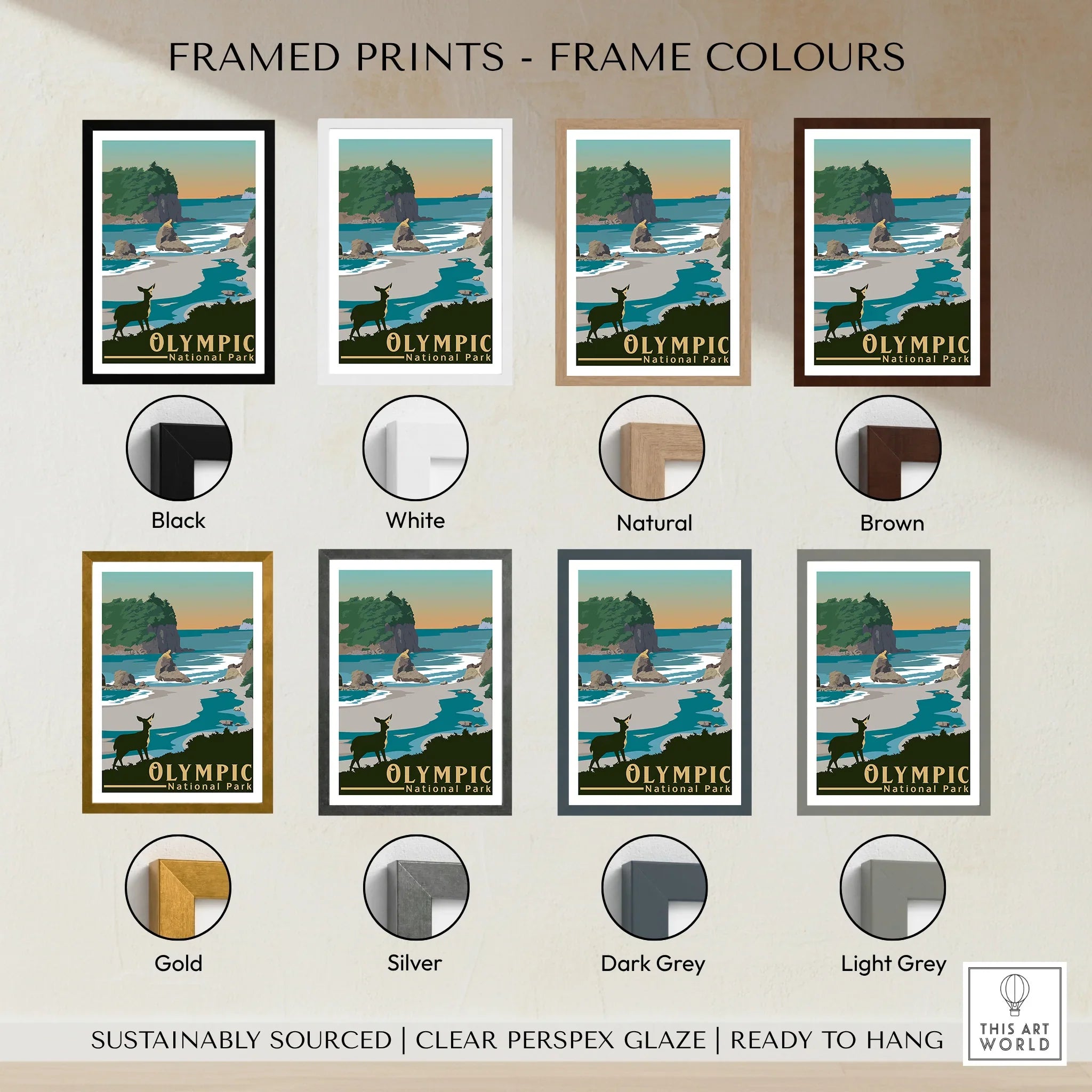 Olympic National Park art print in eight frame color options, coastal landscape, wall decor.