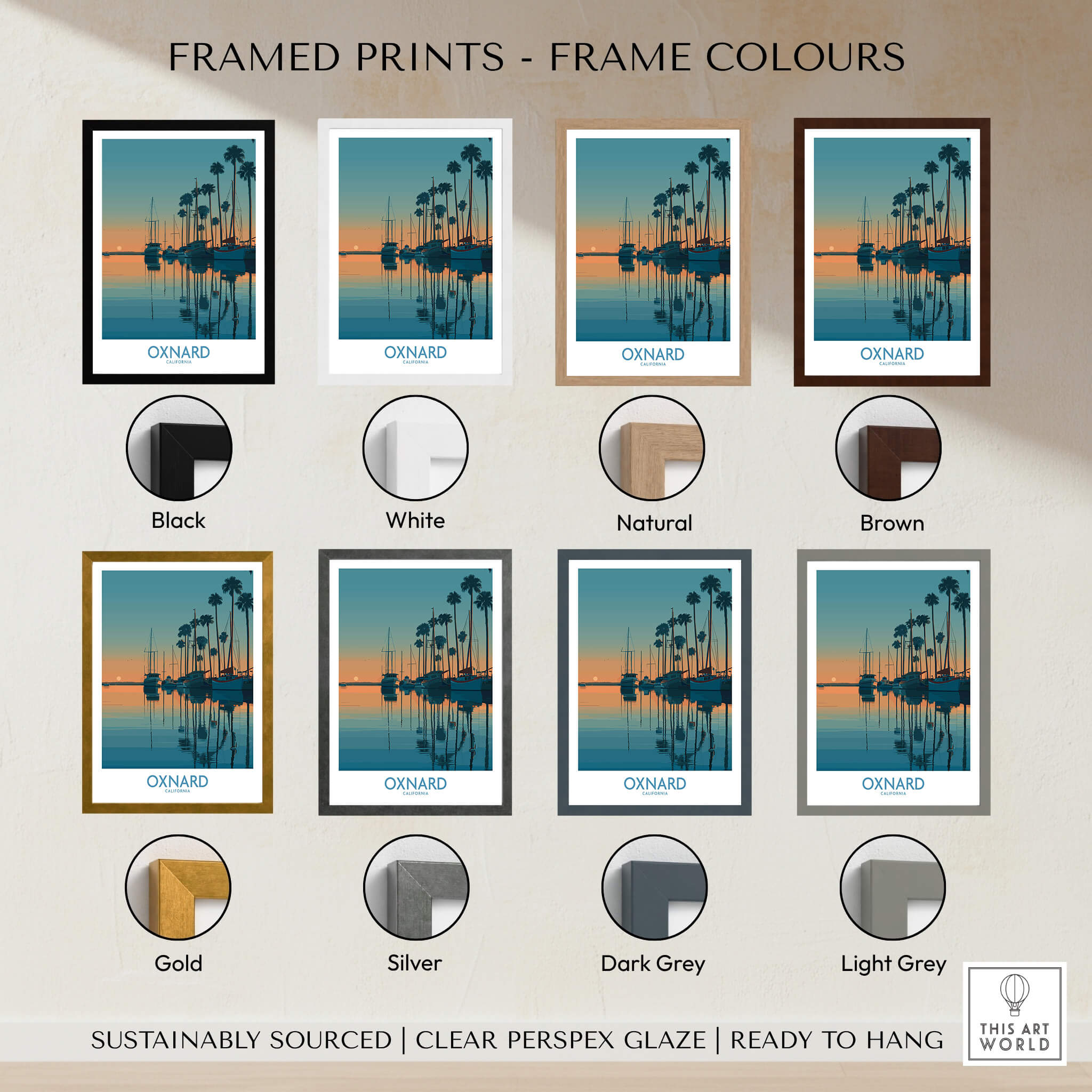 Oxnard California Poster | Scenic Pacific Marina Canvas Print framed options including black, white, natural, and more.