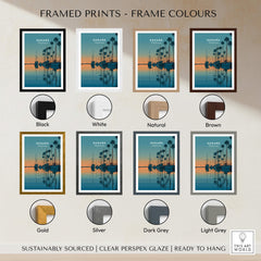 Oxnard California Wall Art Print | Sunset Harbor & Sailboats Travel Poster framed in various colors.