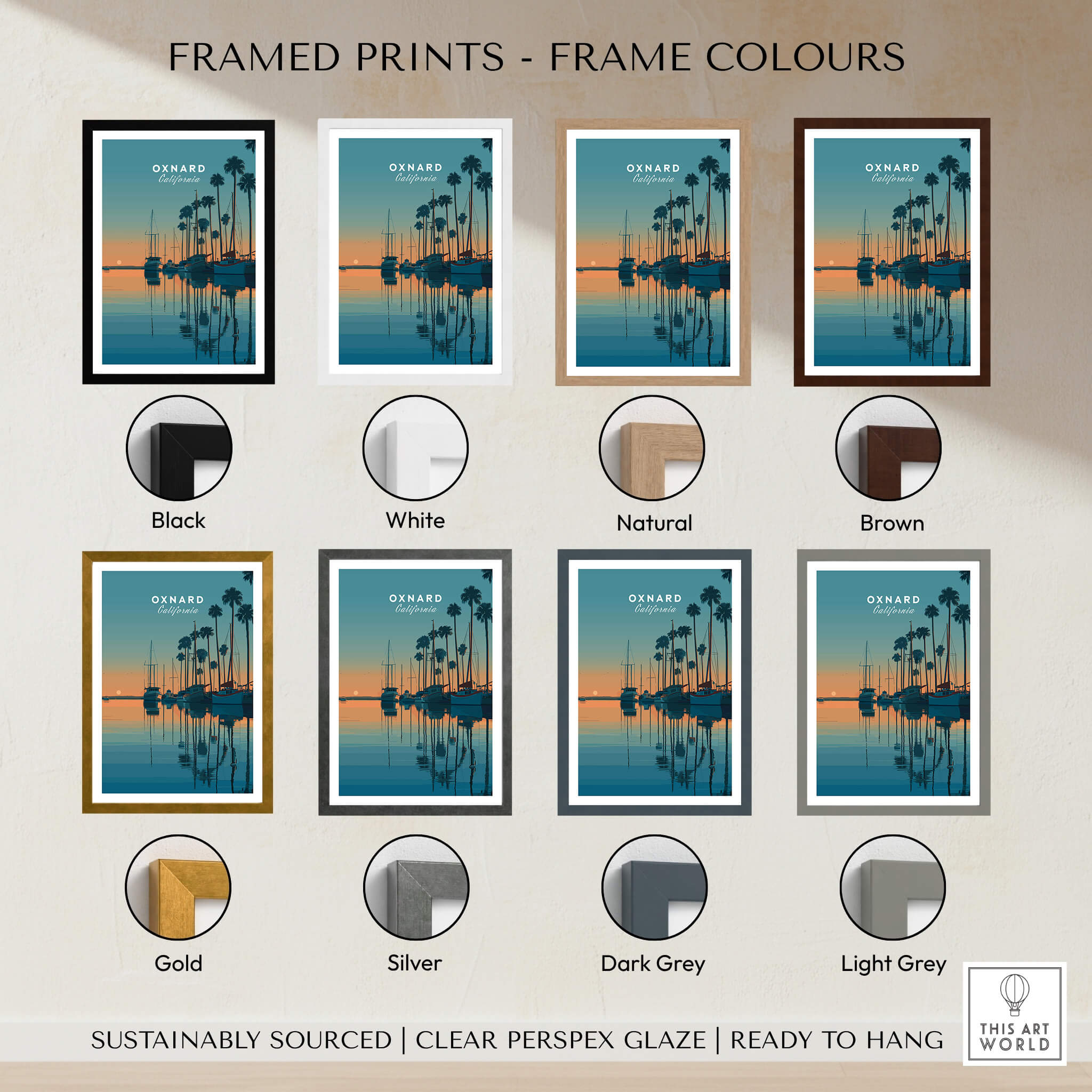 Oxnard California Wall Art Print | Sunset Harbor & Sailboats Travel Poster framed in various colors.