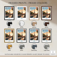 Framed Paris Art Print showcasing color options: Black, White, Natural, Brown, Gold, Silver, Dark Grey, Light Grey