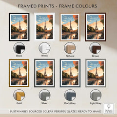 Paris Print framed in various color options including black, white, natural, brown, gold, silver, dark grey, and light grey.