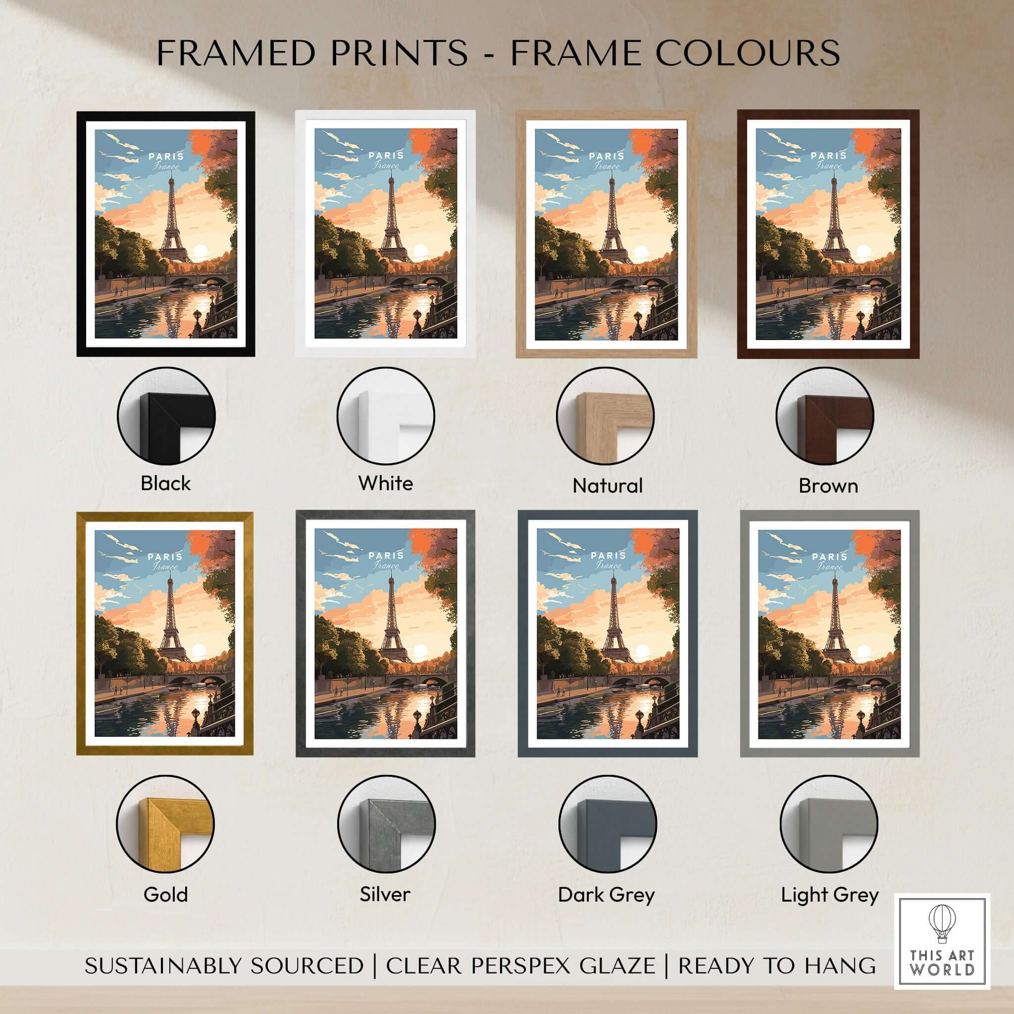 Paris Print framed in various color options including black, white, natural, brown, gold, silver, dark grey, and light grey.