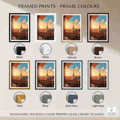 Paris Eiffel Tower Poster framed in various color options including black, white, natural, and brown.