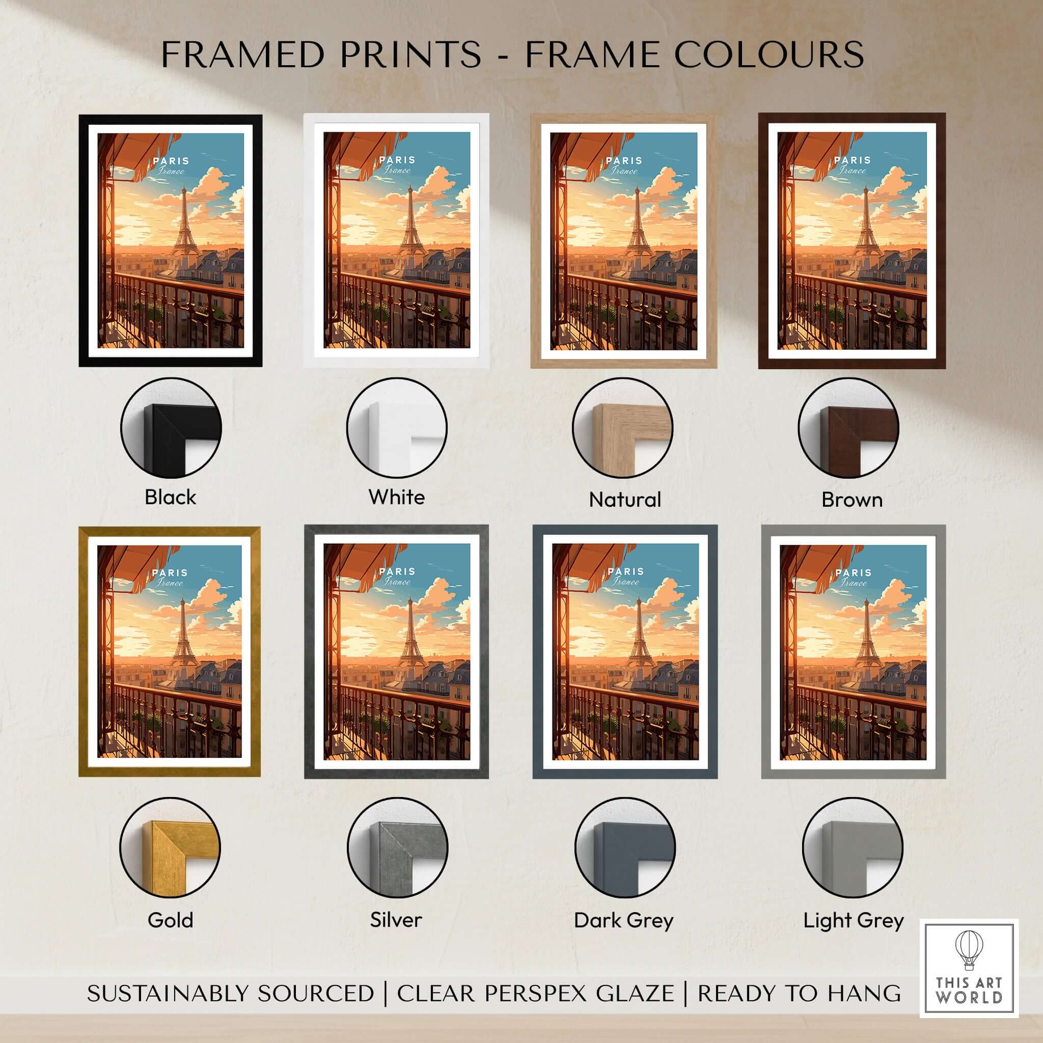 Paris Eiffel Tower Poster framed in various color options including black, white, natural, and brown.