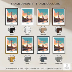 Paris Wall Art - Eiffel Tower framed prints in various colors including black, white, natural, and brown.