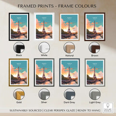 Paris Poster - Eiffel Tower framed prints in various frame colors including black, white, natural, brown, gold, silver, dark grey, light grey.