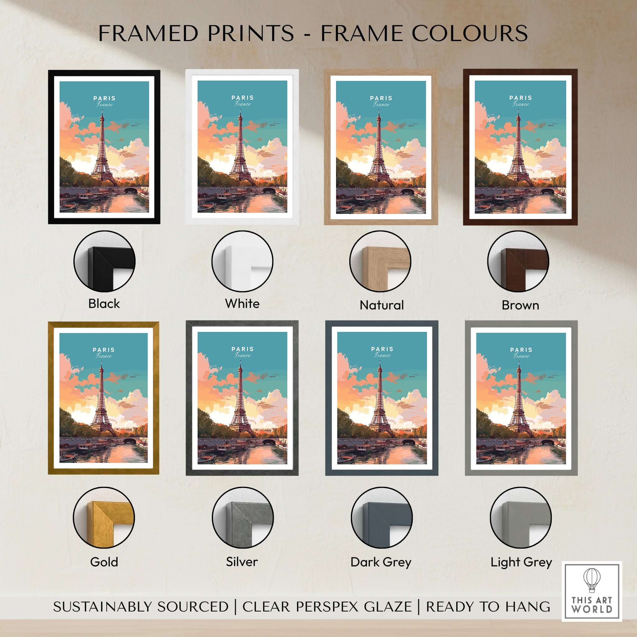 Paris Poster - Eiffel Tower framed prints in various frame colors including black, white, natural, brown, gold, silver, dark grey, light grey.