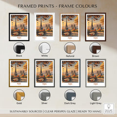 Framed options for Paris France Autumn Seine River Art Print | Eiffel Tower and Notre Dame Poster in various colours.