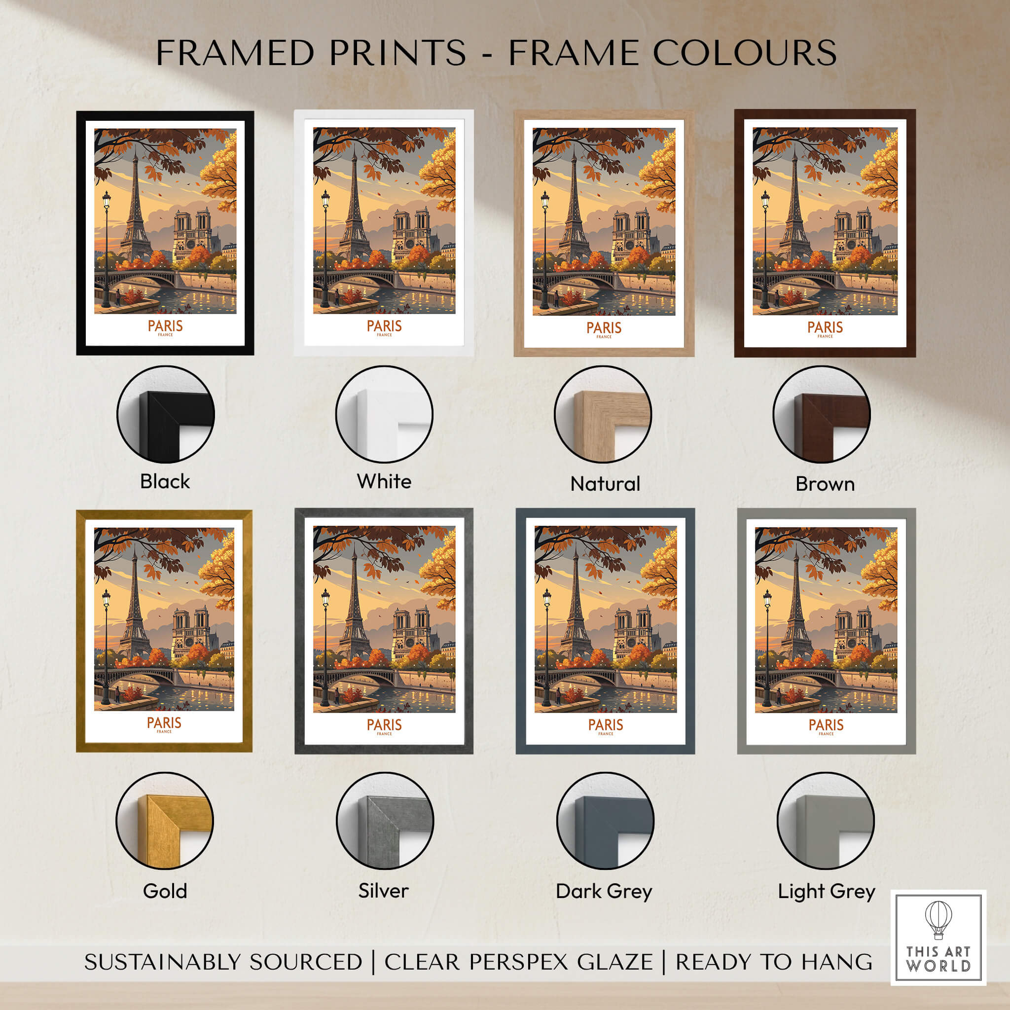 Framed options for Paris France Autumn Seine River Art Print | Eiffel Tower and Notre Dame Poster in various colours.