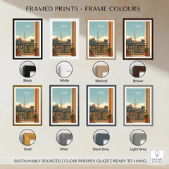 Paris travel poster wall art with Eiffel Tower in various frame colors: black, white, natural, brown, gold, silver, dark grey, light grey.