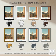 Framed Paris travel print showing Eiffel Tower with black, white, natural, brown, gold, silver, dark grey, and light grey frame options.
