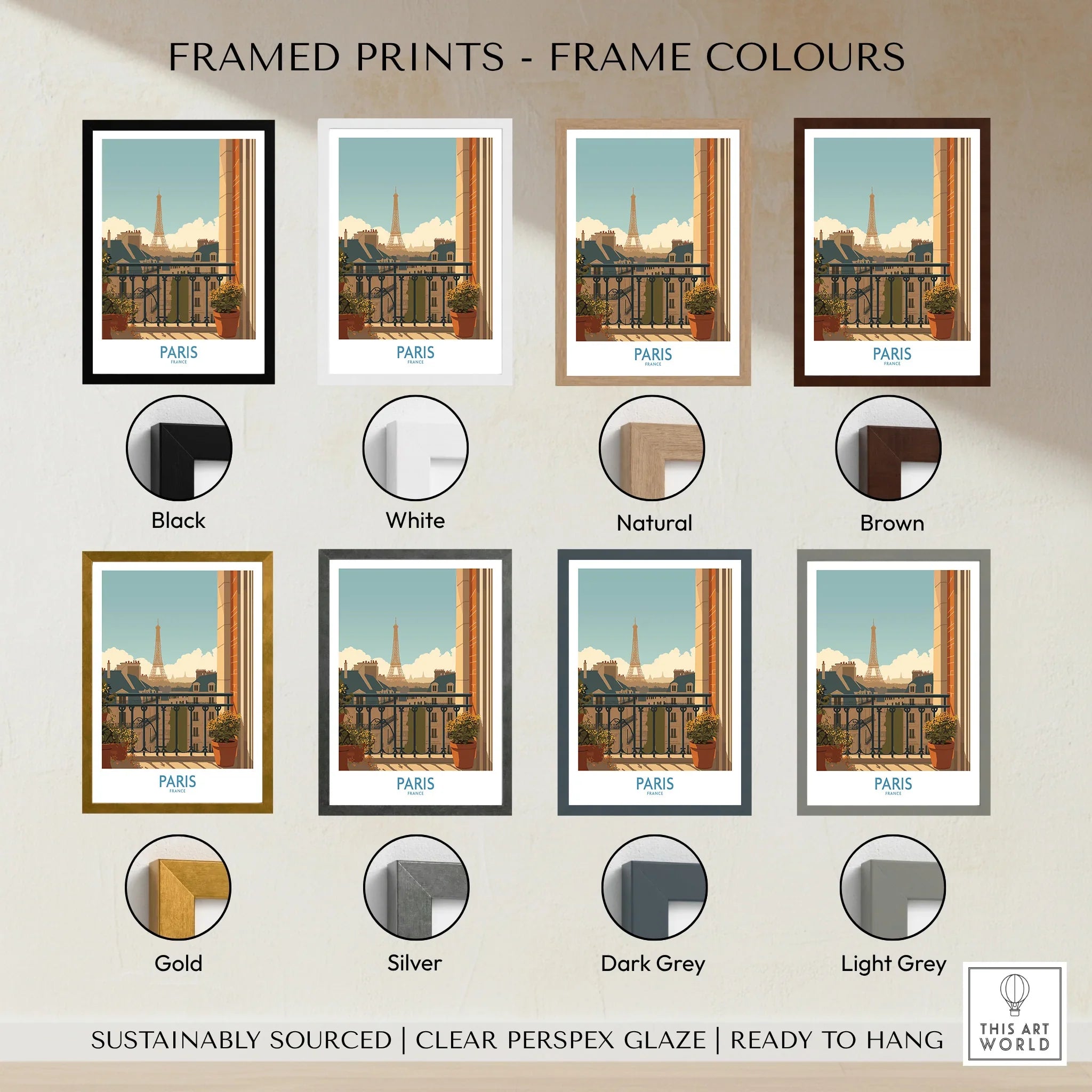 Framed Paris travel print showing Eiffel Tower with black, white, natural, brown, gold, silver, dark grey, and light grey frame options.