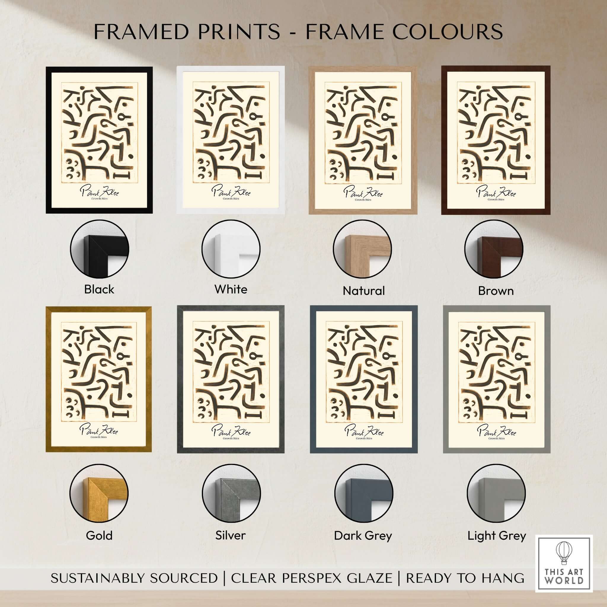 Framed prints color options including Black, White, Natural, Brown, Gold, Silver, Dark Grey, Light Grey for Paul Klee art.