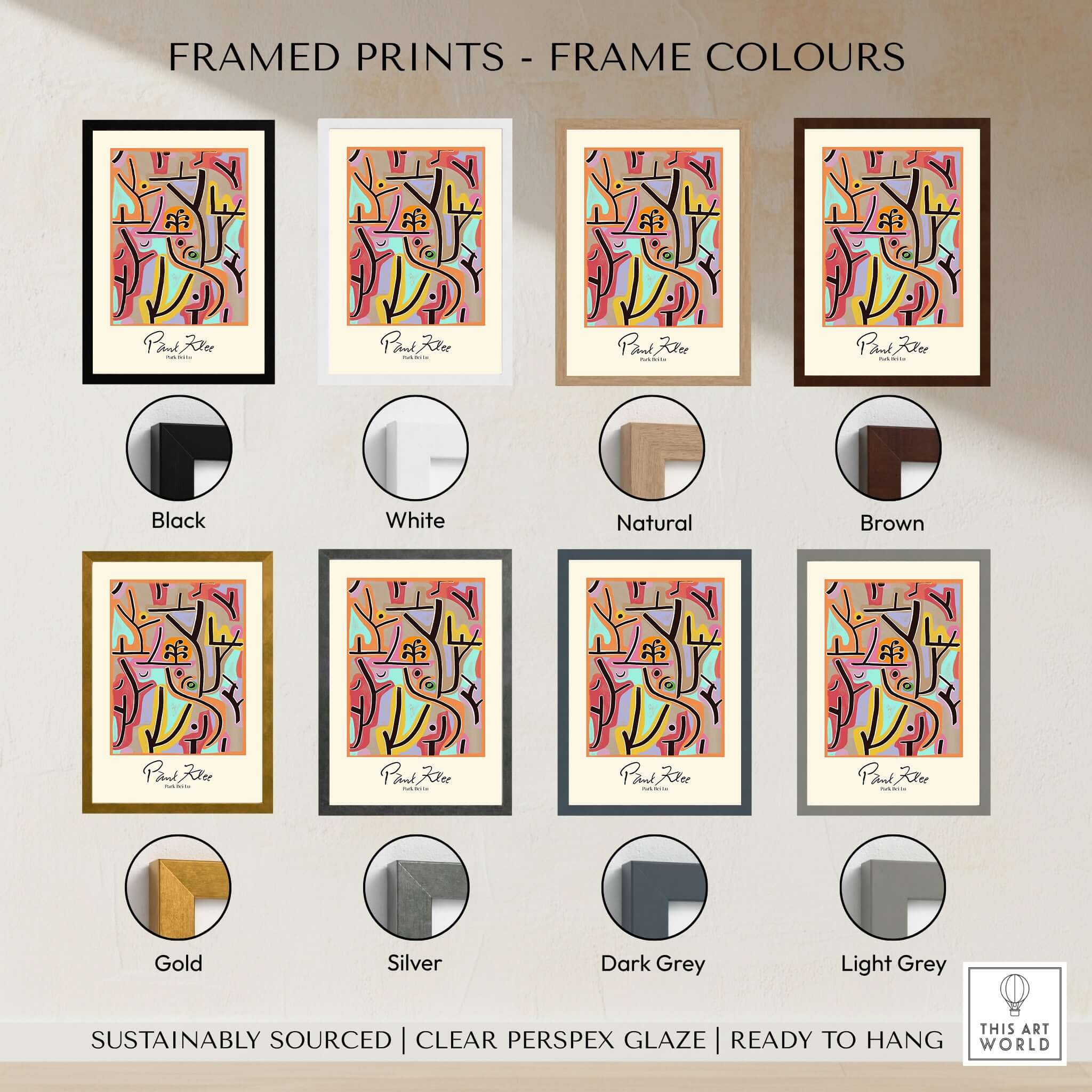 Framed prints of Paul Klee Park Bei Lu Colorful Abstract Landscape Poster Art Print in various frame colors.