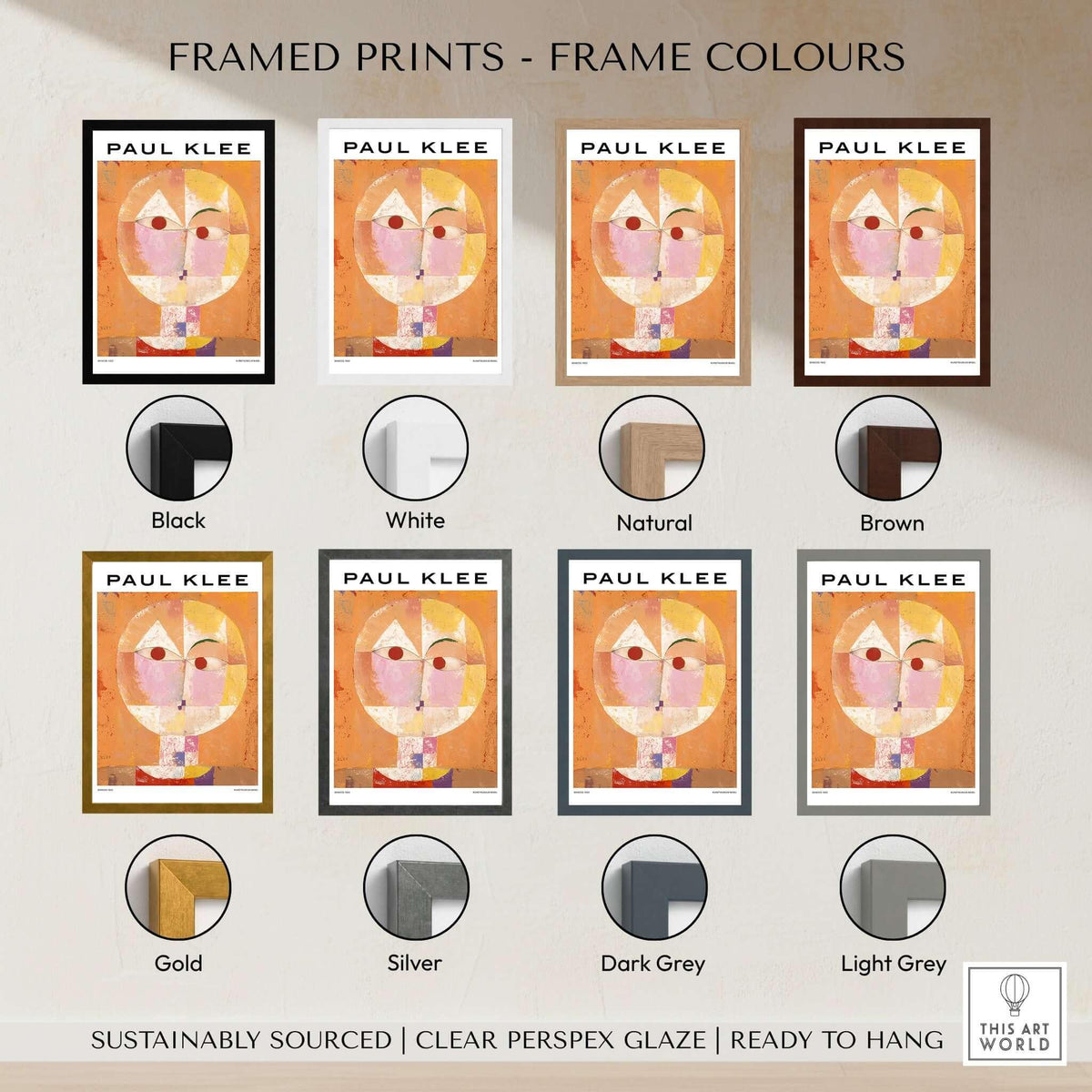 Paul Klee Senecio Head of Man Abstract Portrait Poster Art Print framed in various colors including black, white, natural, and brown.