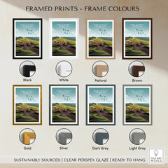 Framed Peak District National Park travel print in eight frame color options on display wall.