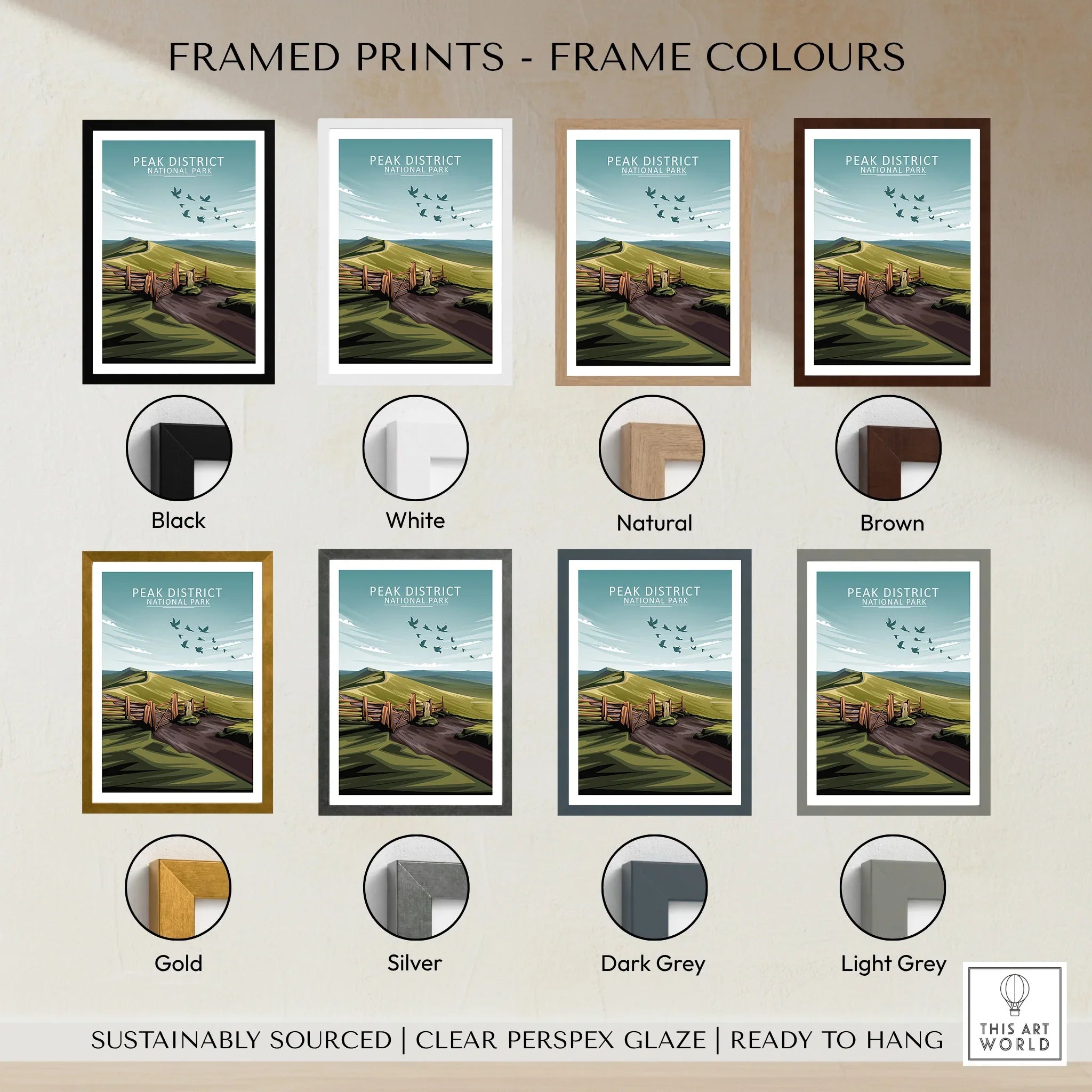 Framed Peak District National Park travel print in eight frame color options on display wall.