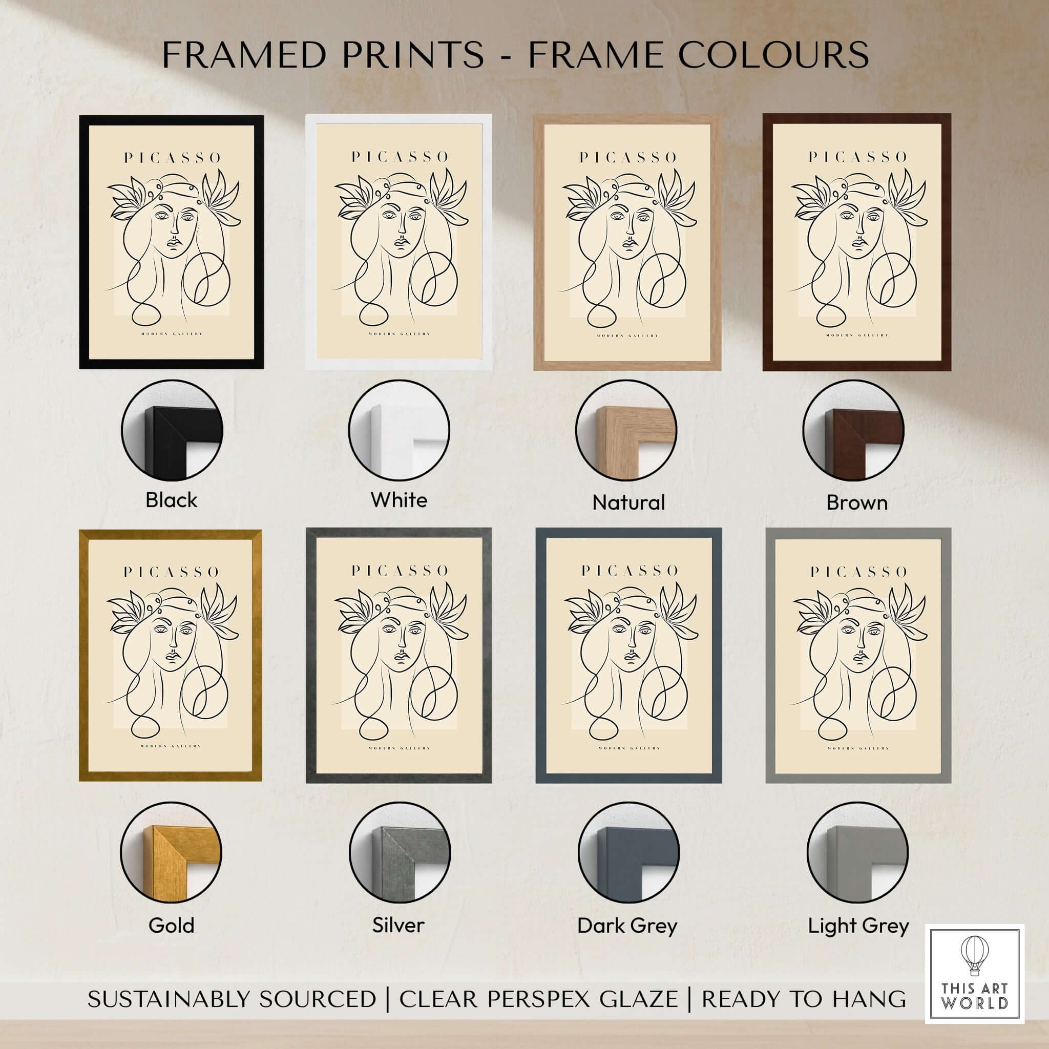 Framed variants of Picasso Line Art Woman Leaf Crown Modern Gallery Wall Art Poster in various colors including black, white, and brown.