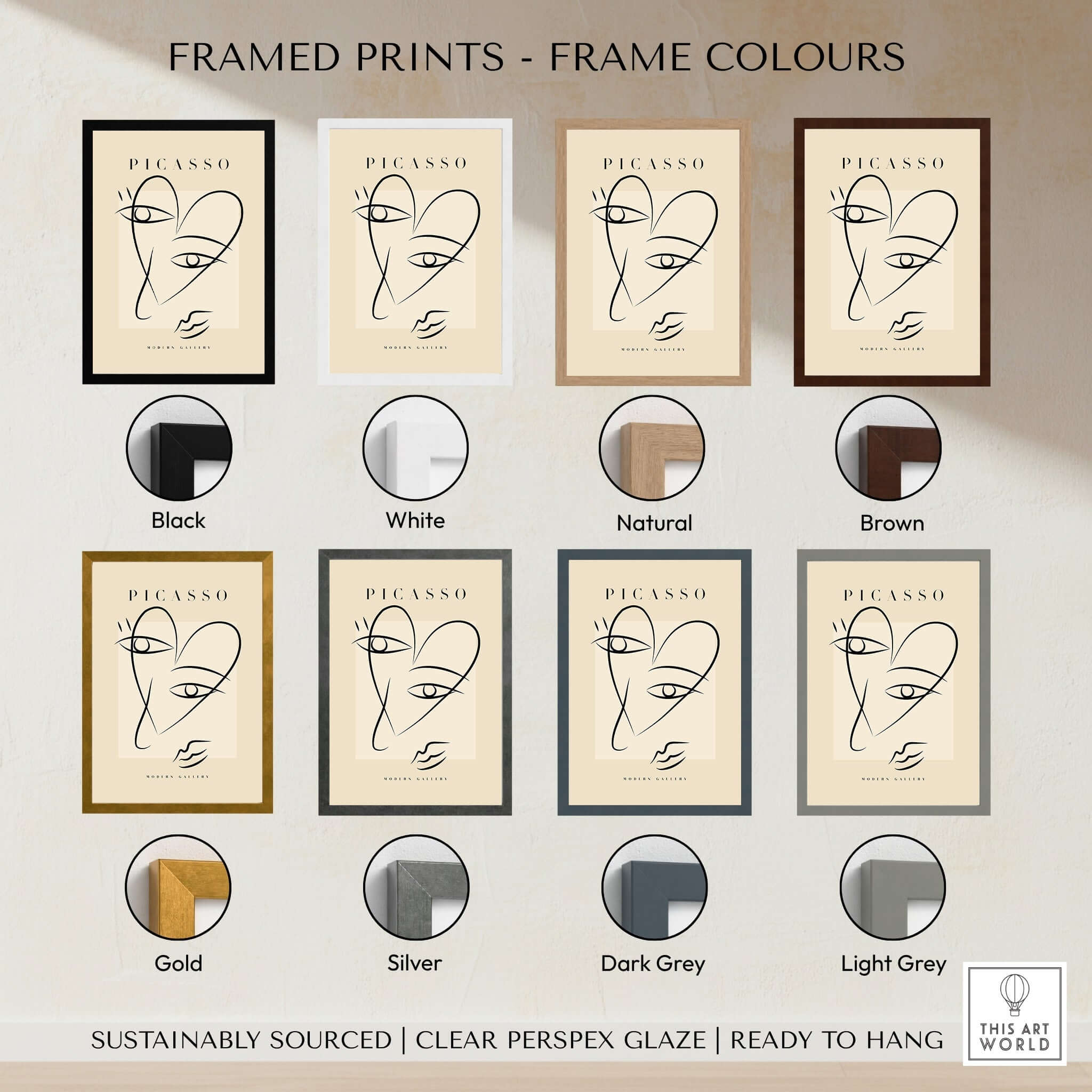 Framed prints showcasing various frame colors for Picasso Line Art Abstract Heart Face Minimalist Modern Gallery Print Poster.