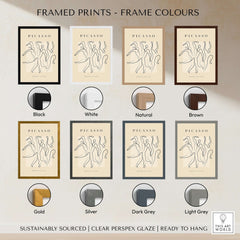 Framed prints in various colors featuring Picasso Dancing Figures Line Art Abstract Minimalist Poster Modern Gallery Print.