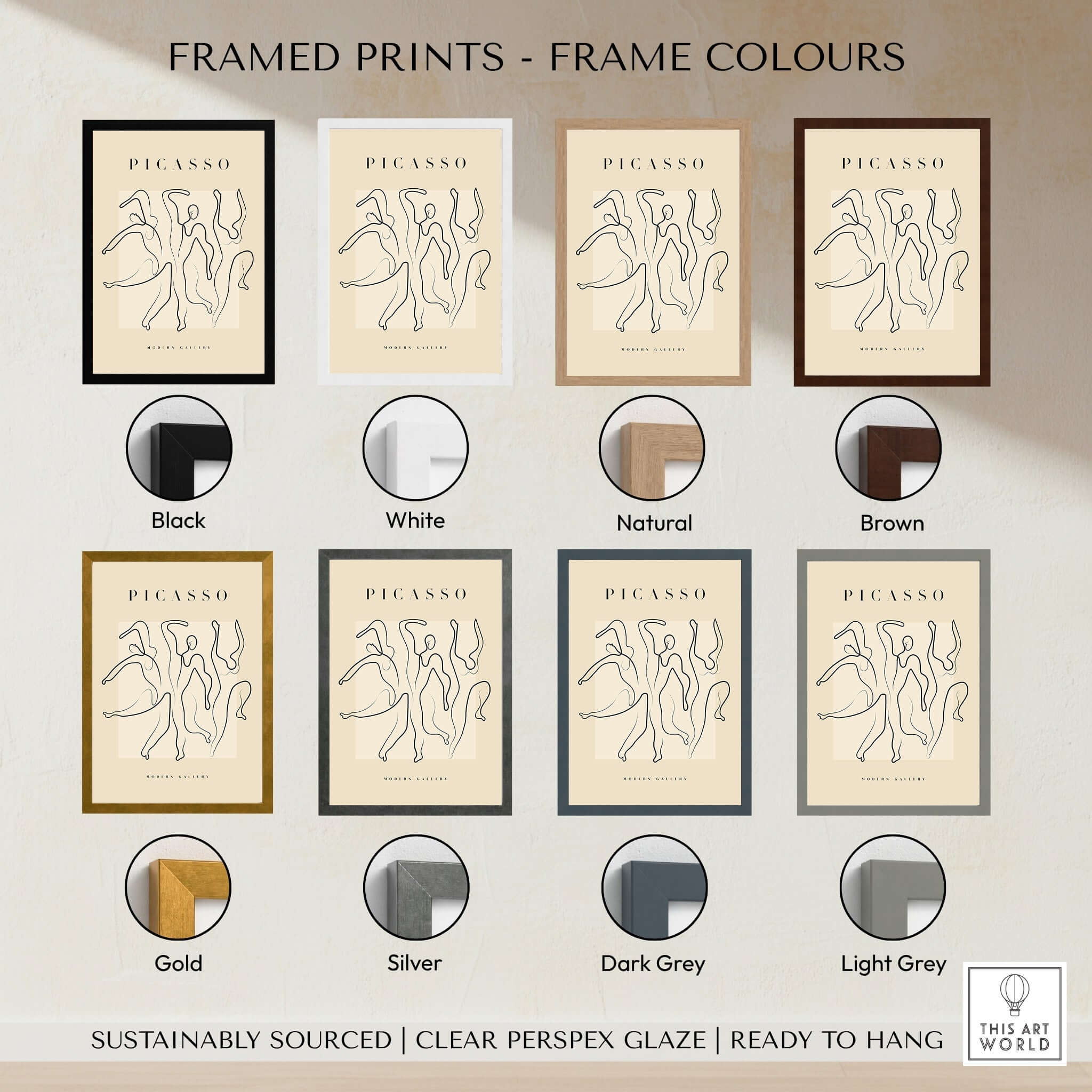 Framed prints in various colors featuring Picasso Dancing Figures Line Art Abstract Minimalist Poster Modern Gallery Print.