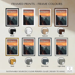 Pico do Arieiro travel poster wall art with eight frame color options in a sunset mountain scene.