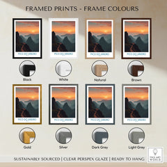 Pico do Arieiro mountain travel poster print with eight frame color options including black, white, natural, brown, gold, silver, dark grey, and light grey.