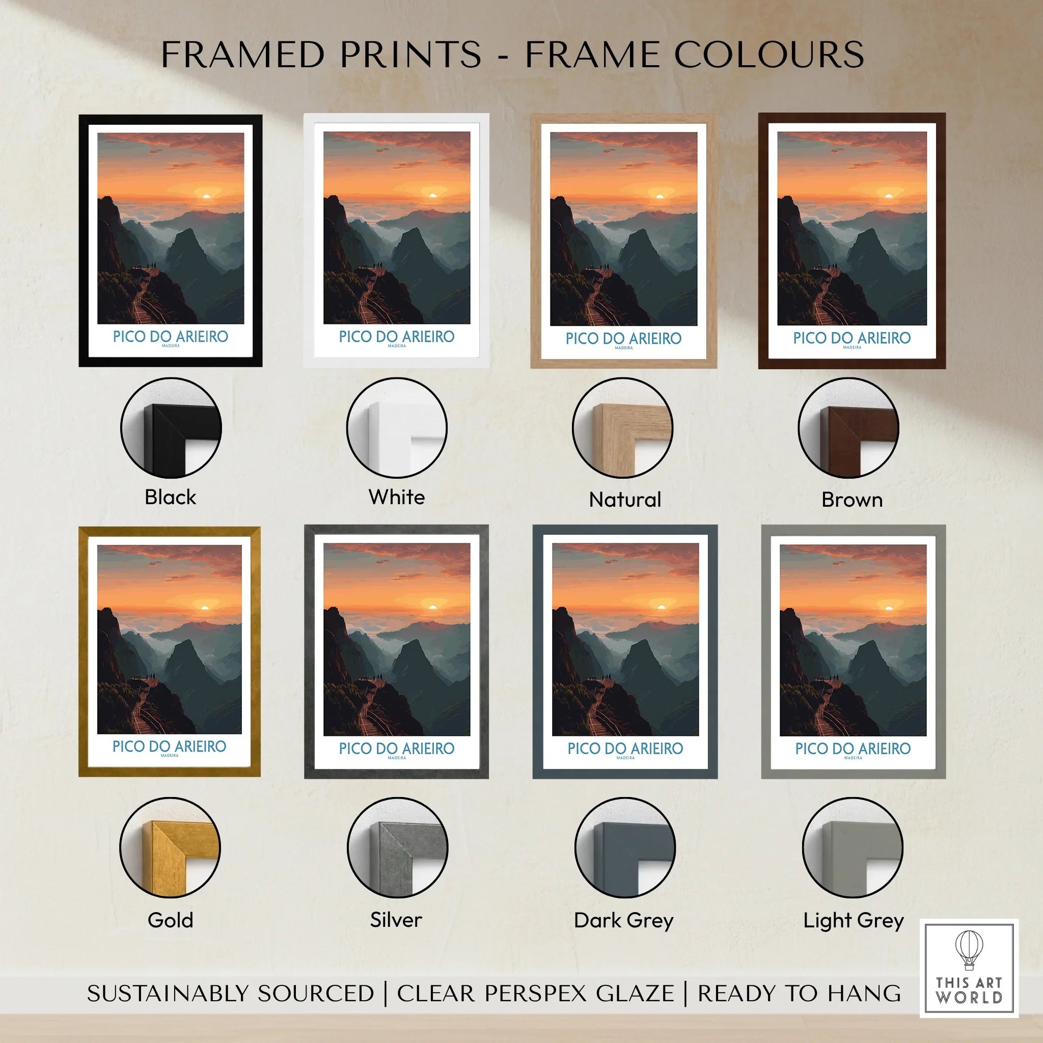 Pico do Arieiro mountain travel poster print with eight frame color options including black, white, natural, brown, gold, silver, dark grey, and light grey.